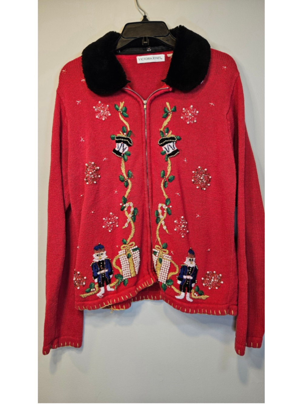 Vintage Victoria Jones Christmas Cardigan Nutcracker Beaded Sweater Red
